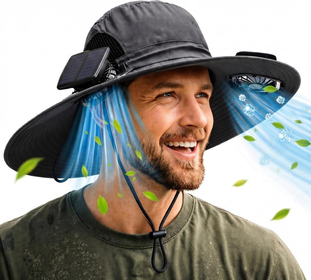 Berlune Sun Hat with 2 Solar Fan Wide Brim Fishing Bucket Hat USB & Solar for Men Women UPF 50+ Cooling for Fishing Beach (Gray)