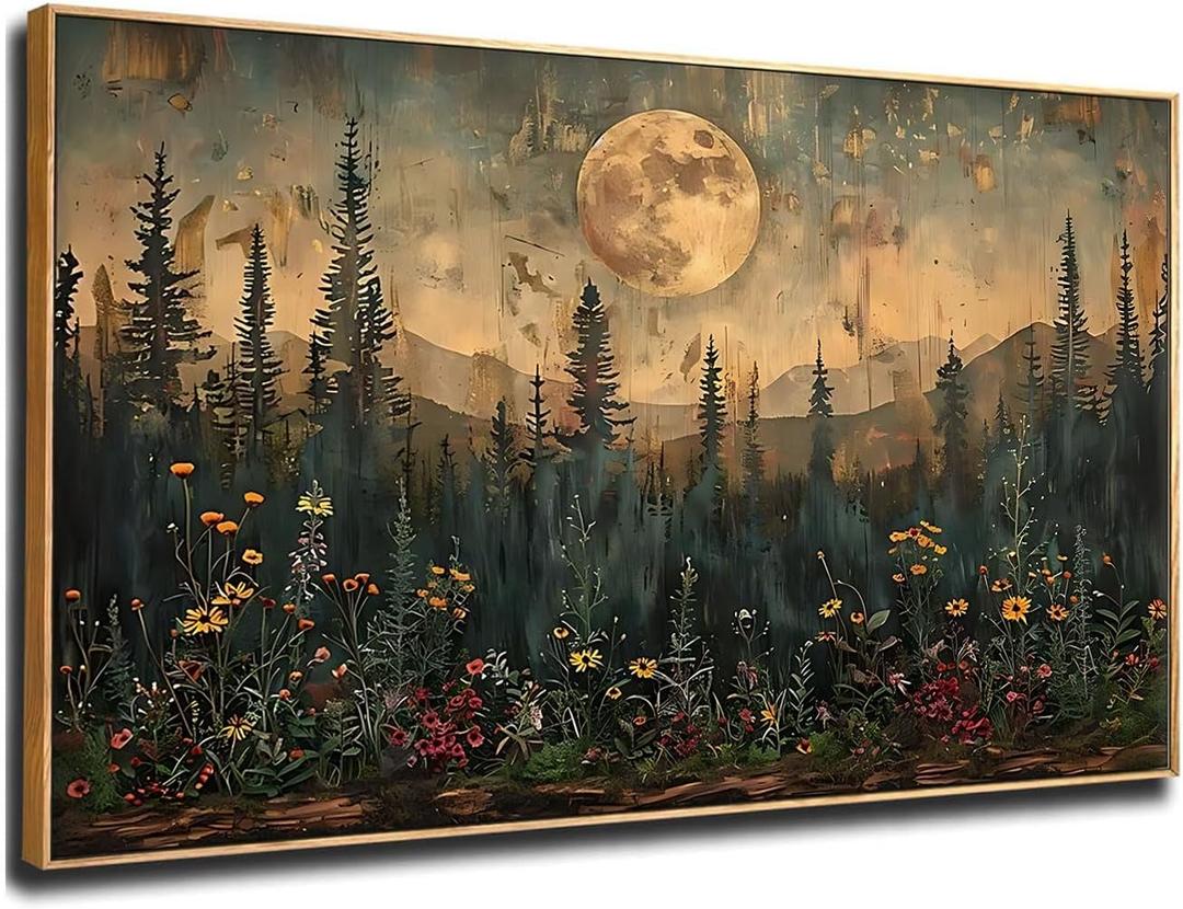 ILLBDR Moon Wall Art Vintage Wildflower Woodland Canvas Painting Print Framed Mountain Flowers Trees Picture Decor Dark Forest Landscape Rustic Farmhouse Living Room Bedroom Office 20"x40"