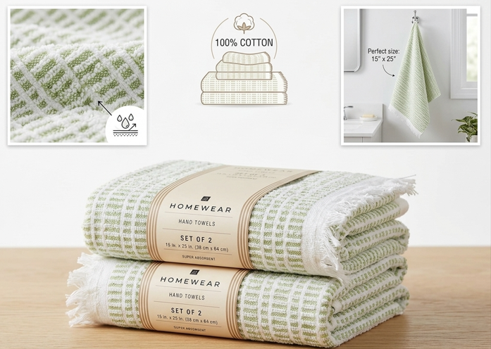 3 x Hand Towels, Green