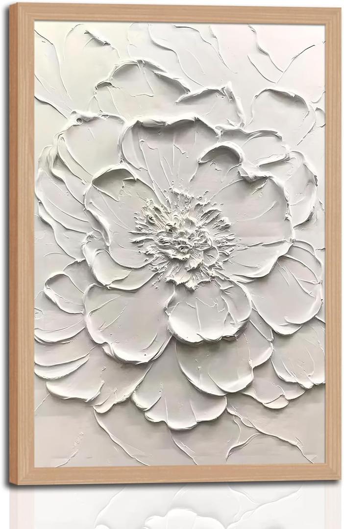 skysoon Abstract Floral Wall Art on White Canvas with Wooden Frame Acrylic Style Flower Painting Print, Modern Minimalist Picture Wall Decor 16x24 Inch