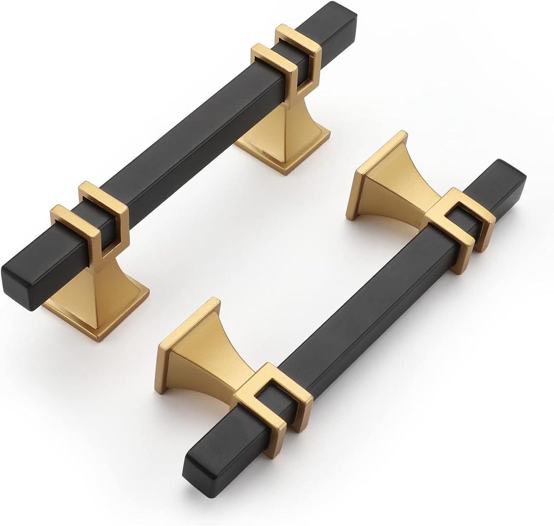 Haliwu 10 Pack Black and Gold Cabinet Pulls, 3 inch Kitchen Cabinet Handles, Square Dresser Drawer Hardware (Hole Center Spacing76mm (3 inch))