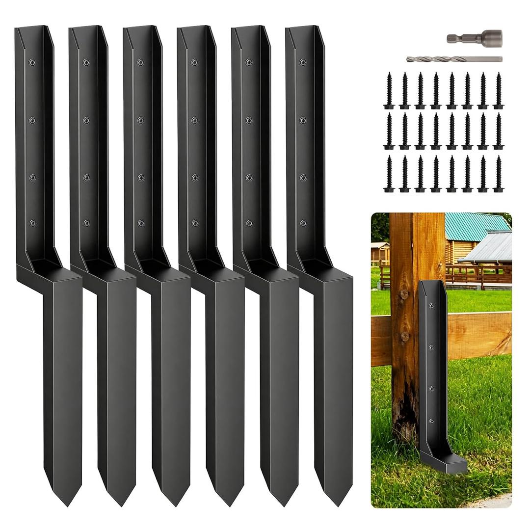6 Pcs Fence Post Repair Kit,4×4/6x6 Fence Post Support,Heavy Duty Post Anchor Ground Spike with One-Piece Steel Anchor & Stakes for Repair Tilted, Broken Wood Fence Post