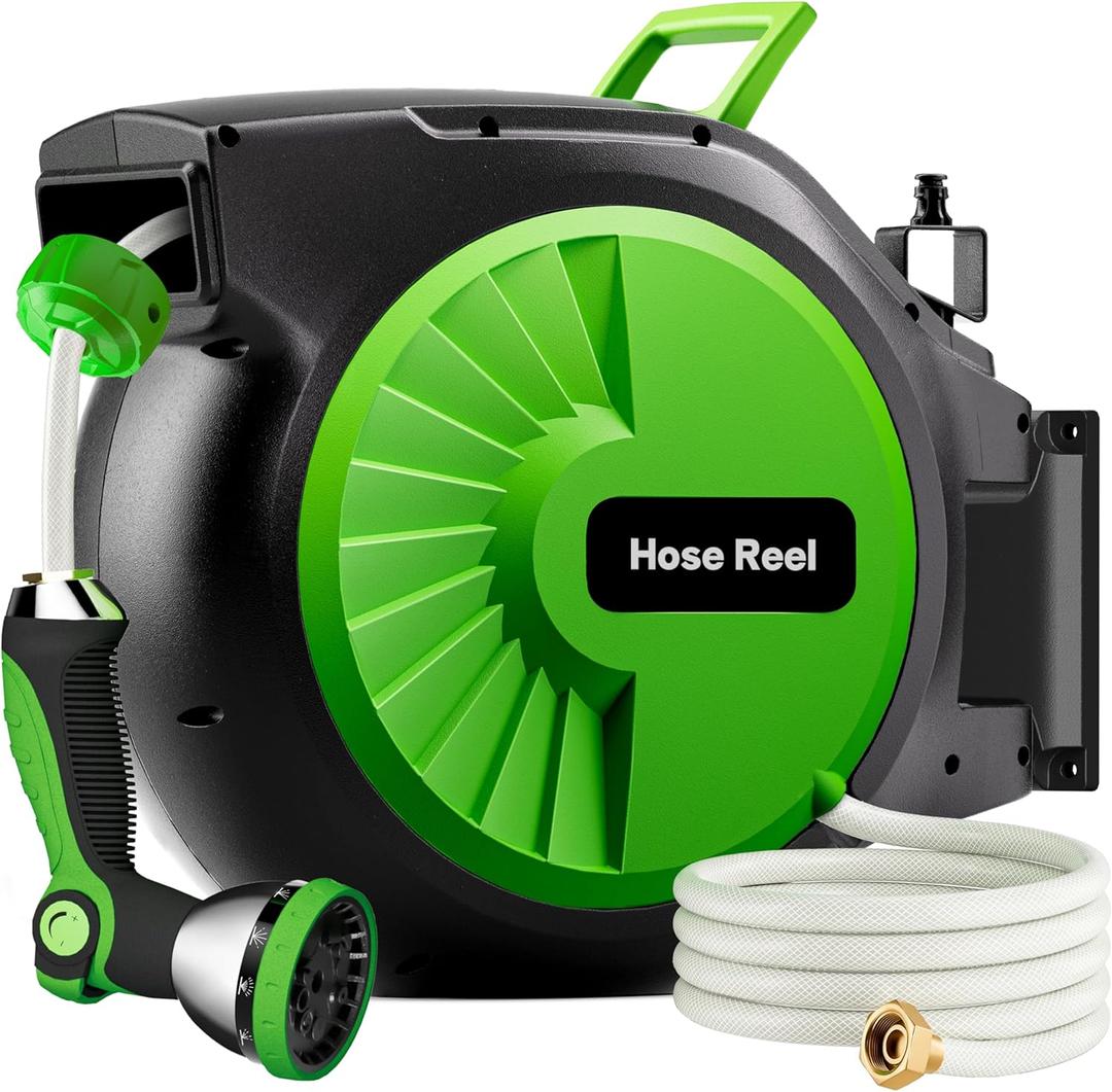 Retractable Garden Hose Reel 82FT x 1/2 in, Wall Mount Water Hose Reel for Outside with Auto Rewind, Tangle-Free Guide, 180° Swivel Bracket, Lock at Any Length, High-Pressure Flow, 10-Pattern Nozzle