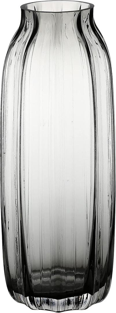 Black Grey Glass Vase for Flowers,Darl Grey Bud Tall Glass Vases,H-12.6" Simple Striped Design for Home Floor Decor,Farmhouse Decor, Centerpiece Coffee Table Decorations, Smoke Grey 