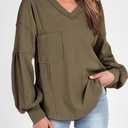 BTFBM Womens Fall Fashion 2025 Long Sleeve Shirts Casual V Neck Ribbed Knit Blouses Pullover Trendy Loose Fit Tunic Tops (Green, XL)