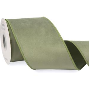Ribbli Sage Green Velvet Wired Ribbon with Dupioni 4 Inch Christmas Ribbon for Gift Wrapping Christmas Tree Decoration Crafts Wreaths Supplies-Continuous 10 Yards