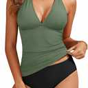 Yonique Womens Two Piece Swimsuits Tummy Control Tankini Plus Size Bathing Suit Halter V Neck Swimwear (Large, Army Green)
