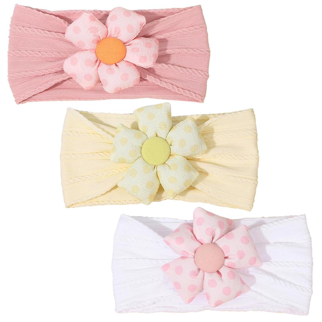 3 Pcs Baby Flower Headbands Baby Girls Nylon Headband Soft Hairbands Hair Accessories for Newborn Infant Toddler Kids (Yellow Pink White)