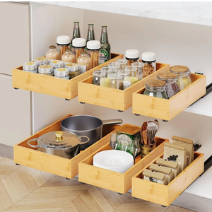 RESENSTORE 3 Pack Bamboo Pull Out Cabinet Organizer,Slide Out Drawers for Kitchen Cabinets,Fixed with Nano Adhesive Film Multifunctional Drawer Organizers For Pantry Bathroom Bedroom