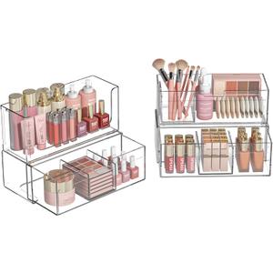 Bathroom Drawer Organizer Stackable Storage Drawers Clear Plastic Storage Bins Medicine Cabinet Organizer Makeup Organizers w Removable Divider Home Workspace Office Desktop Vanity Gift Idea (Pack of 3)
