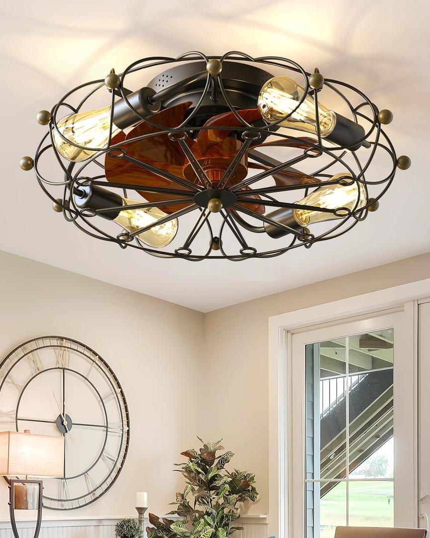 Caged Ceiling Fan with Light,Remote Control,5 Bulbs6 Speeds,20''Caged Ceiling Fans with Lights,Reversible Blades Ceiling Fan with Lights - Black,US Design Patent,for Bedroom,Living Room,study
