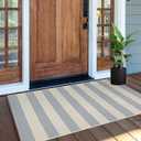 OJIA Outdoor Porch Rug Front Door Mat 24'x51, Washable Checkered Blue and White Striped Front Door Rug Cotton Woven Kitchen Carpet Small Area Rug for Entryway Patio Bedroom Bathroom (Muted Blue/Tan/Beige)