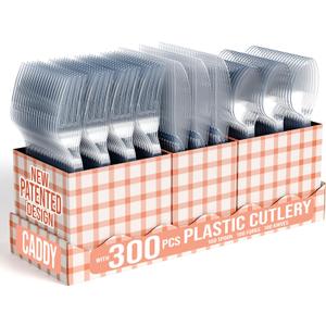 Exquisite Utensil Caddy Organizer with Clear Plastic Forks and Spoons & Knives Gingham Kitchen Utensil Holder for Party with 3 x 100 Plastic Spoons and Forks Disposable Knives Clear Cutlery Set (Combo)