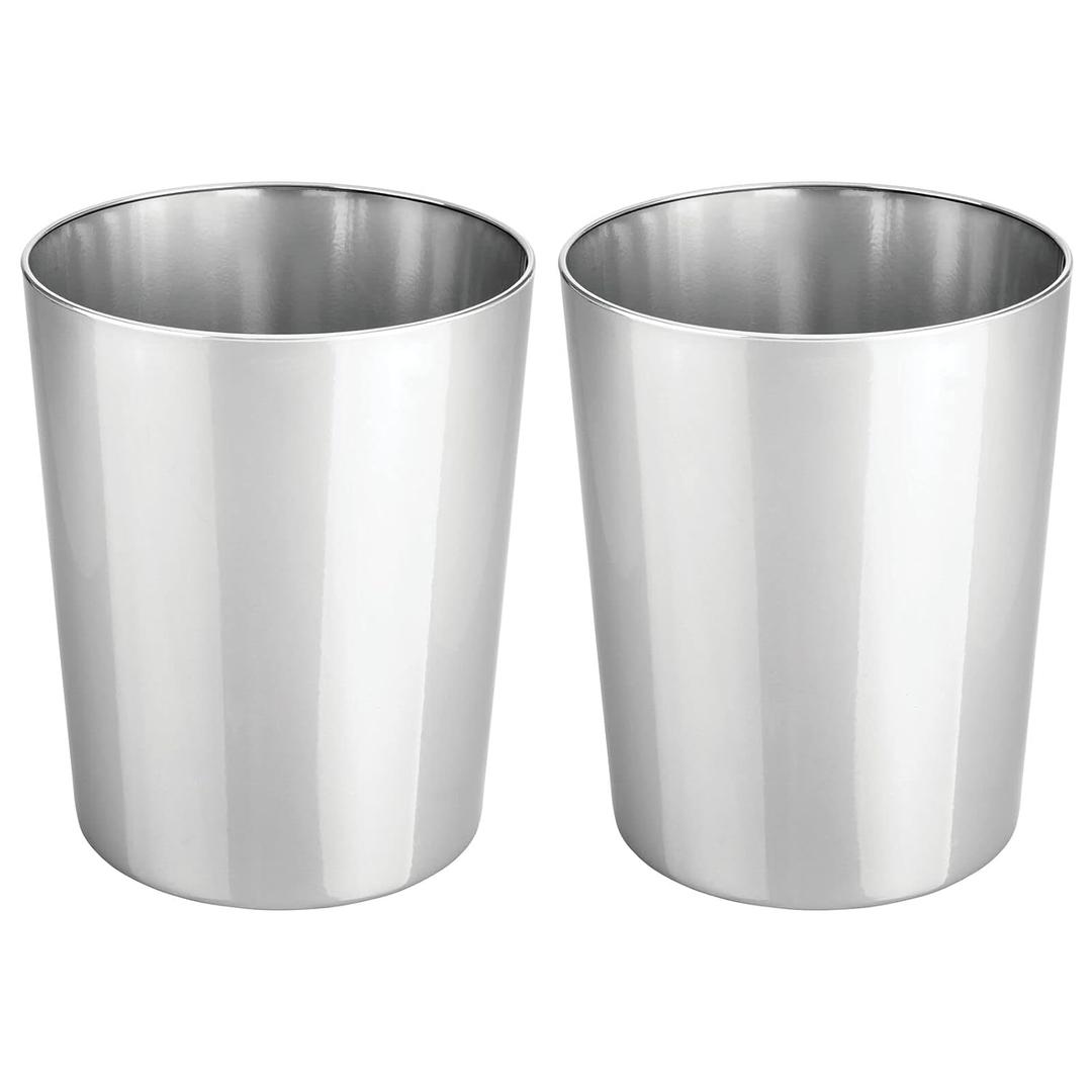 mDesign Round Metal Small 1.7 Gallon Recycle Trash Can Wastebasket, Garbage Container Bin for Bathrooms, Kitchen, Bedroom, Home Office - Durable Stainless Steel - Mirri Collection - 2 Pack - Chrome