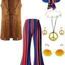 Kids Girls 60s 70s Hippie Costume Pants Set Fringe Vest Peace Flared Pants Outfits Accessories Set (10-12 Years, Blue)