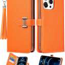 for iPhone 14 Pro Max Case Wallet for Women Leather Folio Designer Luxury Phone Cases with Credit Card Holder Stand Flip Cute Orange Cover Elegant Pretty with Tassel for Apple 14 Promax 6.7"