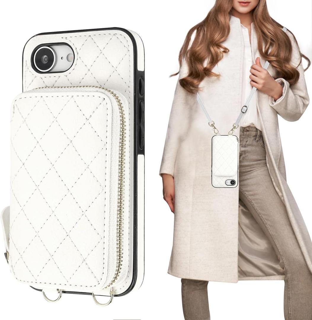 Bocasal Crossbody Wallet Case for iPhone 16e, RFID Blocking PU Leather Zipper Handbag Purse Flip Cover, Kickstand Folio Case with Card Slots Holder Wrist Strap Lanyard 6.1 Inch 5G (White)