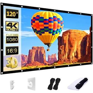AAJK Projector Screen 120 inch, Washable Projector Screen 16:9 Foldable Anti-Crease Portable Projector Movies Screen for Home Theater Outdoor Indoor Support Double Sided Projection