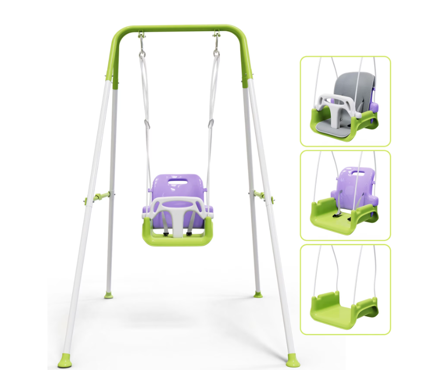 3-in-1 Toddler Swing with Soft Cushion Outdoor Toys, Baby Swing for Outside, Kids Swing with Metal Frame, Green & Purple