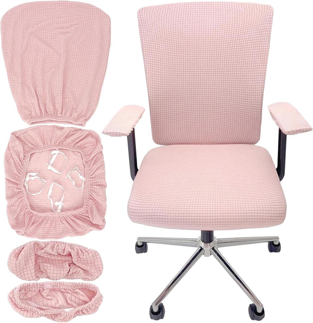 4Pcs Office Chair Covers Stretchable Set Desk Chair Cover Computer Chair Cover with 4 Non-Slip Elastic Straps Protective Armrest Slipcovers Pads Backrest Cushion for Rotating Chair (Pink)
