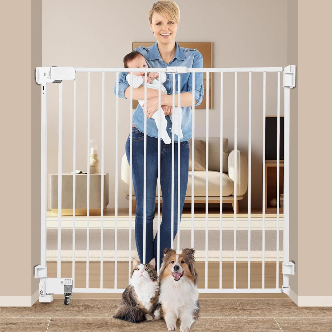 No Bottom Bar Baby Gate, 51.18 inch Tall Cat Pet Gate
for Doorway, Adjustable 27.5in- 43 in Dog Gate with Large Walk Thru Door,White
