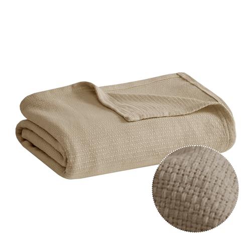 Blanket Khaki 108x90" King Size Basketweave Premium Soft Cozy 100% Cotton For Bed, Couch or Sofa