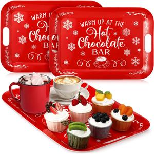 Yousoontic 3 Pcs Christmas Hot Cocoa Bar Serving Trays 16 x 11 Inch Red Christmas Platters Rectangular Serving Dishes Xmas Snowflake Decorative Hot Cocoa Bar Trays for Serving Food