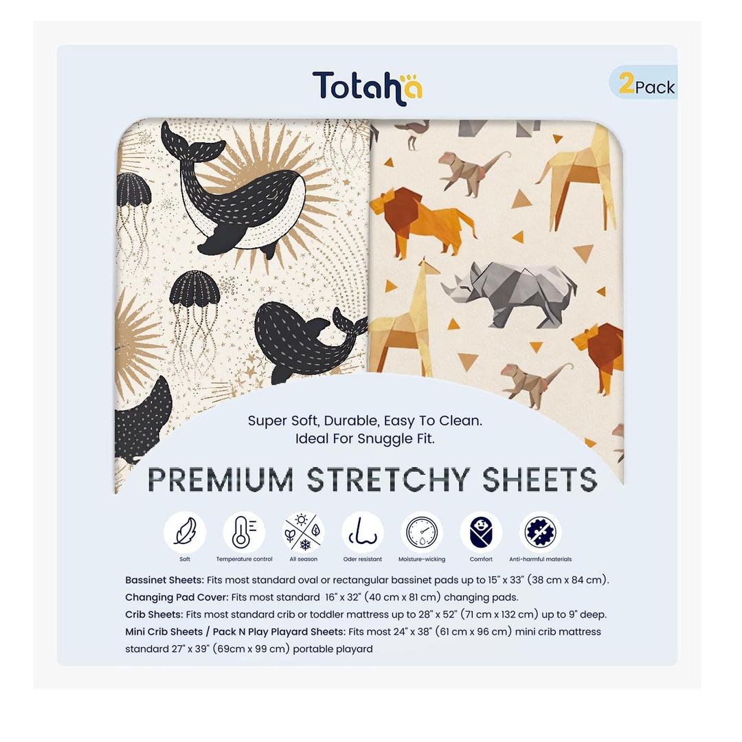TotAha Premium Soft Bassinet Sheet for Boy Girl, Super Stretchy Jersey Knit Bassinet Fitted Sheet, Compatible with Halo, Maxi COSI, Mika Micky, SNOO, Baby Delight Mattress, 2 Pack (Safari & Celestial Seas)