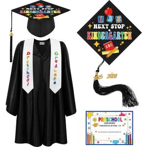 Bokon 4 Pcs Kindergarten Preschool Graduation Cap and Gown with 2025 Tassel Graduation Stole and Certificate for Toddler Kids (27, Black)