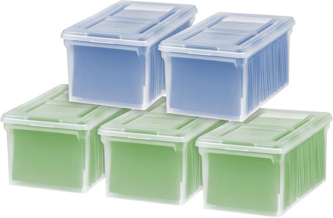 IRIS USA File Box, File Organizer w/Hinged Split Lid for Letter File, Important Document Box, Plastic Storage Filing Bin for Moving, Stackable Nestable Portable, Clear 44 Qt. 5 Pack