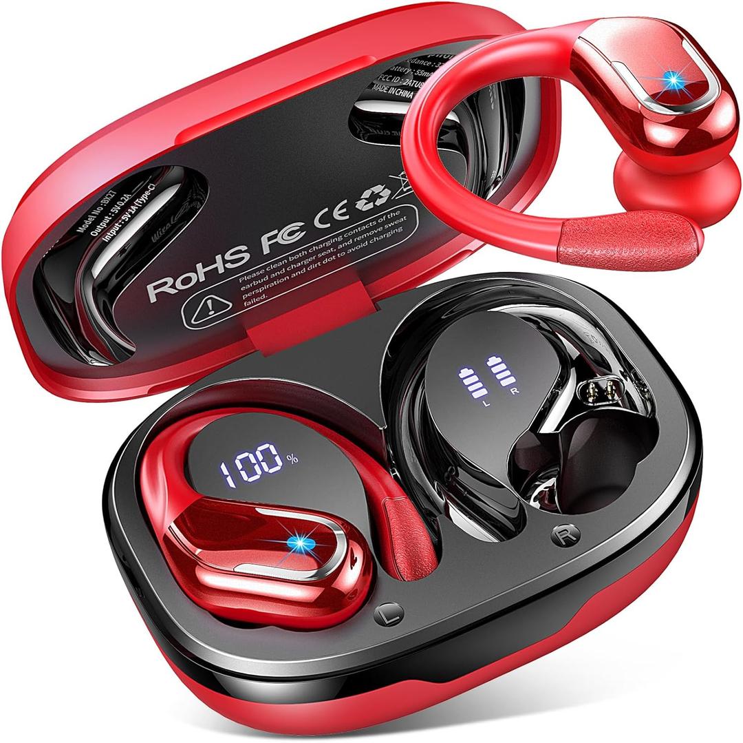 Wireless Earbud, 75Hrs Bluetooth 5.4 Headphones IP7 Waterproof for Sport, Running Wireless Earphones with ENC Noise Canceling Mics, Deep Bass Over Ear bud with Earhooks for Android, iOS, Workout, Gym (Red)