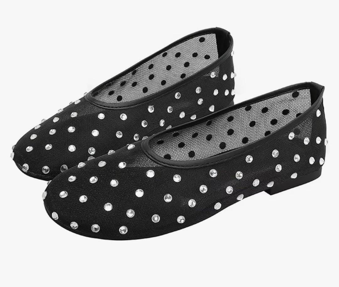 Mesh Flats for Women Round Toe Shallow Slip On Ballerina Shoes Rhinestone Studded Drees Shoes, Size 37