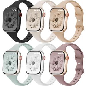 6 Pack Thin Bands Compatible with Apple Watch Band 38mm 40mm 41mm 42mm 44mm 45mm 46mm 49mm Women Men, Sport Silicone Strap Slim Wristband for iWatch Series 11 10 9 8 SE 7 6 5 4 3 2 1 Ultra