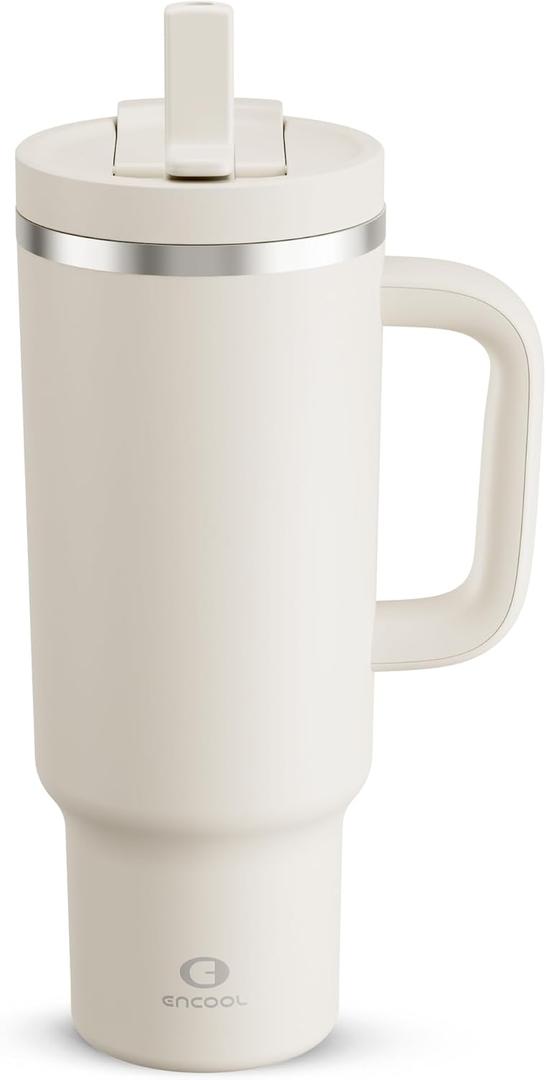 ENCOOL 40 oz Tumbler with Handle and Straw: Stainless Steel Insulated Tumbler Keeps Cold for 24 Hours, Leakproof Travel Cup Fits in Cup Holder and BPA-Free, Cream Moon