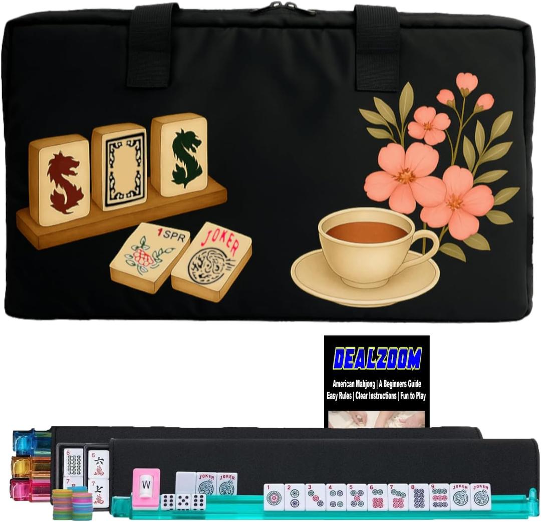 American Mahjong Set Complete, Full Game with 166 Mahjong Tiles, Mahjong Racks with Pushers, Instructions, Dice, Chips, Wind Indicator & Mahjong Accessories in Bag (Blossom Brew Tiles), Large