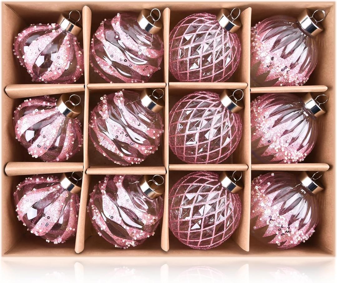 Clear Christmas Ball Ornaments for Tree - Pink Glitter Christmas Ornaments for Holiday Indoor Decorations - Shatterproof Plastic Xmas Bulbs 80mm 3.15 inch, Pack of 12