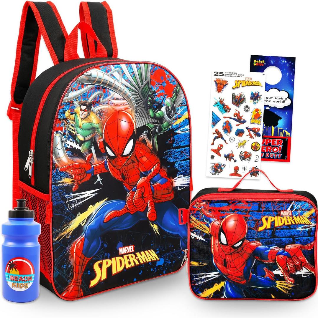 Spiderman Backpack with Lunchbox Set - Bundle with 16" Marvel School Bag, Insulated Lunch Bag, Water Bottle, More | Spiderman School Supplies Pack