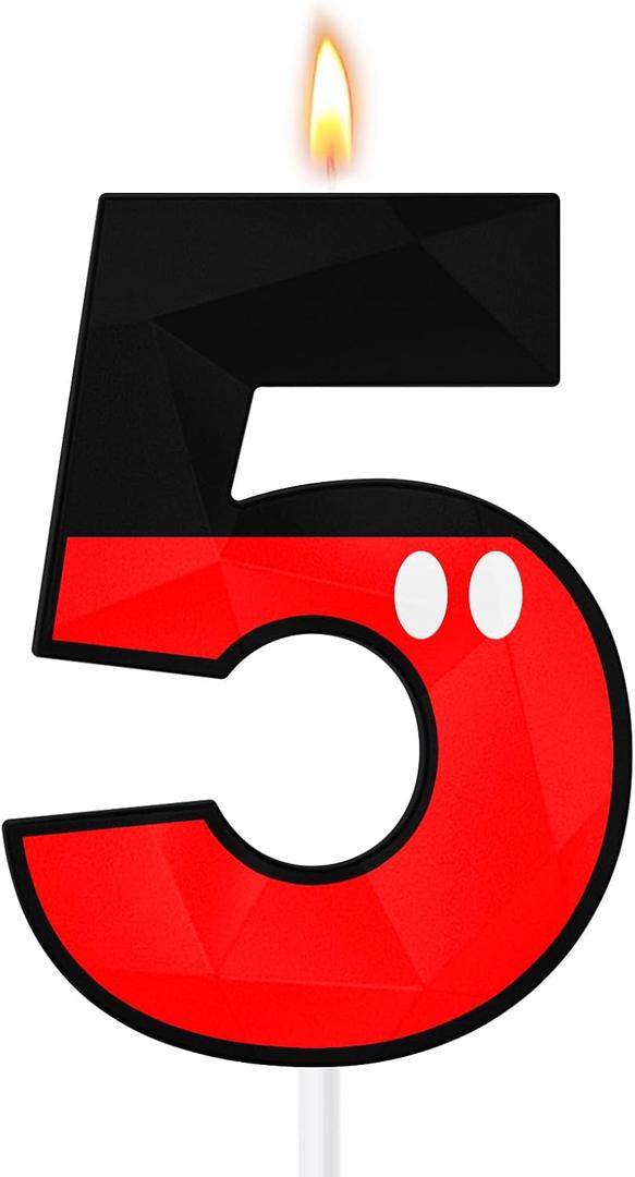 Large 3D Cartoon Mouse Number 5 Birthday Candles, 5 & 2.76 Inches Cake Topper for Boys Girls Kids, Black and Red Animated Theme Birthday Decorations for Anniversary Celebrations (Number 5)
