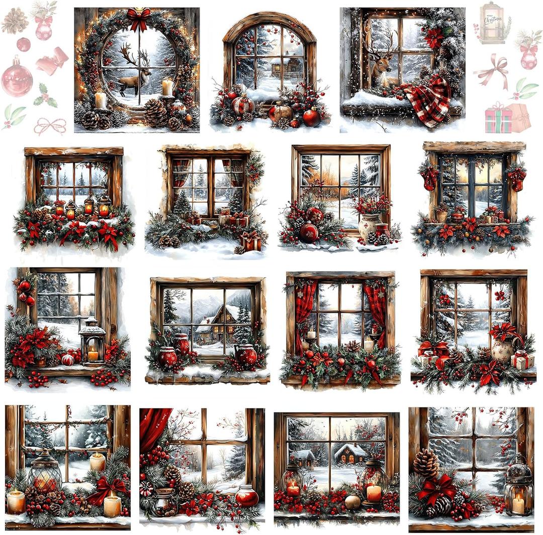 Harloon 15 Sheets Vintage Christmas Rub on Transfers for Crafts Furniture Wood Ornaments Xmas Vintage Watercolor Window Stickers Rub on Decals for Scrapbook DIY Wood Fabric Journal Envelope(Classic)