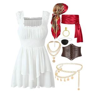 Pirate Costume Women Dress Corset Head Scarf Sash Chain Belt Necklace Eye Patch Party Outfit Pirate Accessories (Medium)