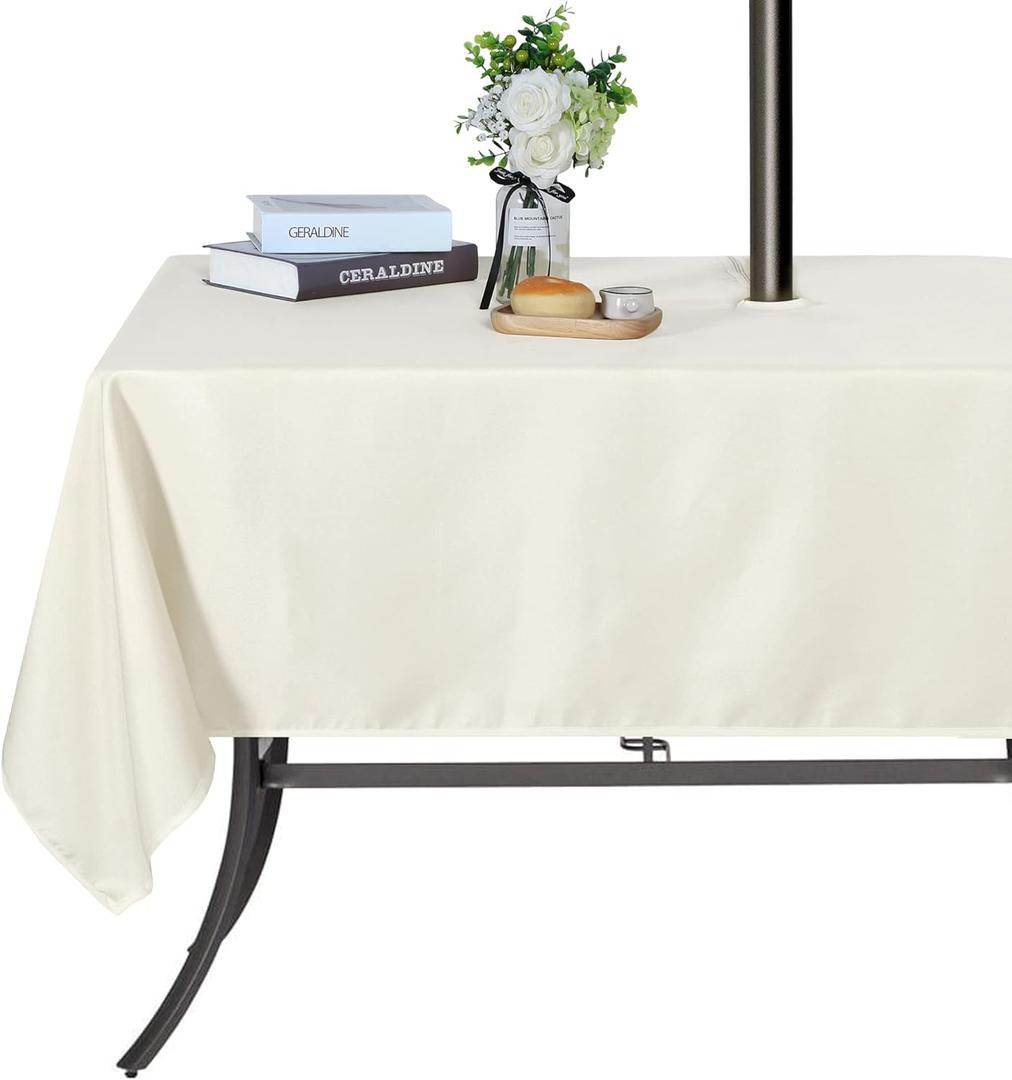 SARAFLORA Outdoor and Indoor Tablecloth-60x120 inch Beige, Wrinkle Free Washable Waterproof Table Cloth with Umbrella Hole and Zipper Rectangle Table Cover for Spring/Summer/Patio/Picnic/BBQS/Party