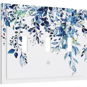 Navy Blue Eucalyptus Leaf 3 Gang Toggle Light Switch Cover, Summer Watercolor Plant Floral Teal Leaves Decorative Three Device Triple Toggle Switch Face Wall Plate Electrical Decorator Outlet Cover
