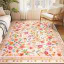 5x7 Area Rugs for Living Room Vacuum-Friendly Machine Washable Area Rug Flower Floral Printed Pattern Low Pile Non-Slip Carpet for Bedroom Hallway Entryway, Pink Beige