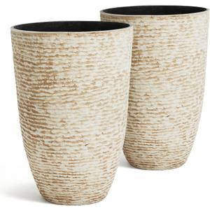 Worth 9 Gallon Tall Round Planters Set of 2-14" Dia x 21" H Stone Finish Flower Pots Indoor Decorative Container Garden Patio Unbreakable Beige