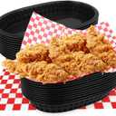 18 Pack Plastic Fast Food Baskets with 100 Sheets, 10.5 x 7 Inch Oval Food Baskets and Liners Reusable Chip Basket for Burgers, Sandwiches, Barbecues Serving Black