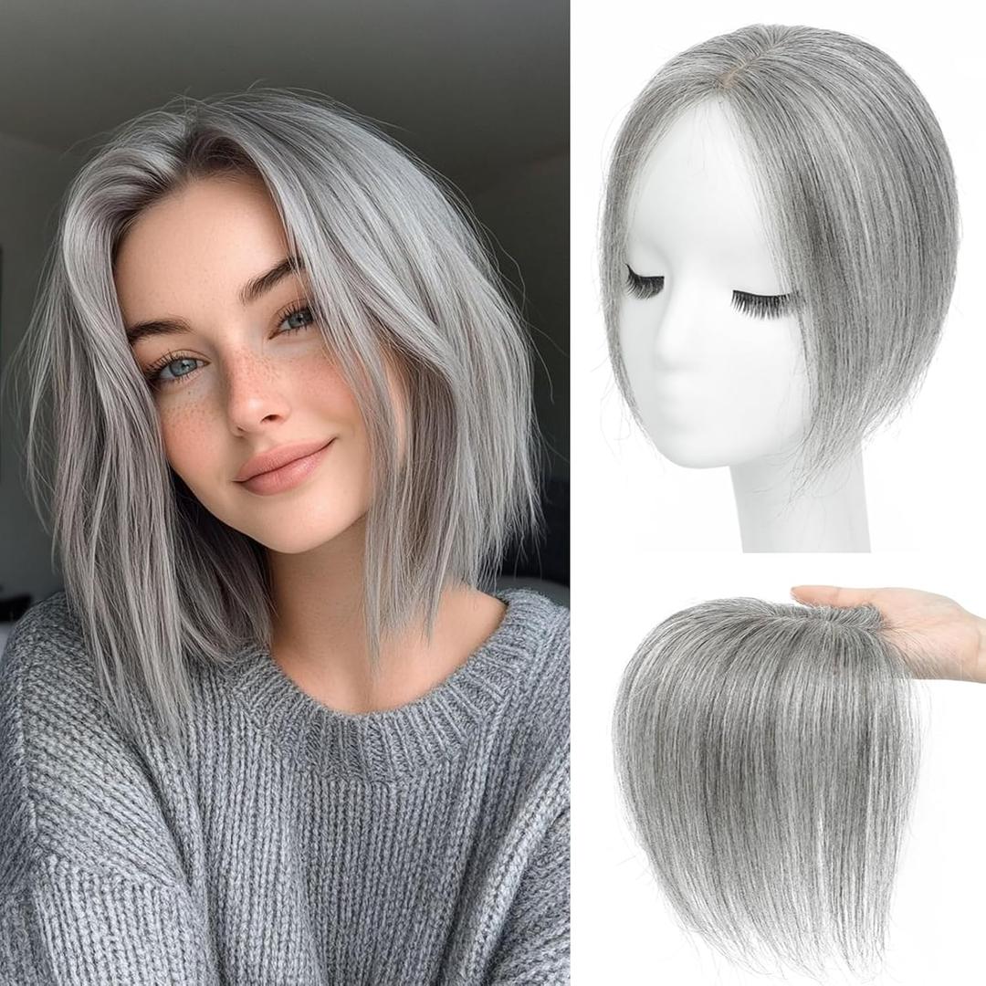Hair Toppers for Women Real Human Hair, 360 3D Cover Toppers Hairpieces for Women with Thinning Crown Side Bangs Realistic Scalp Hairline (Gray02, Side Bangs)