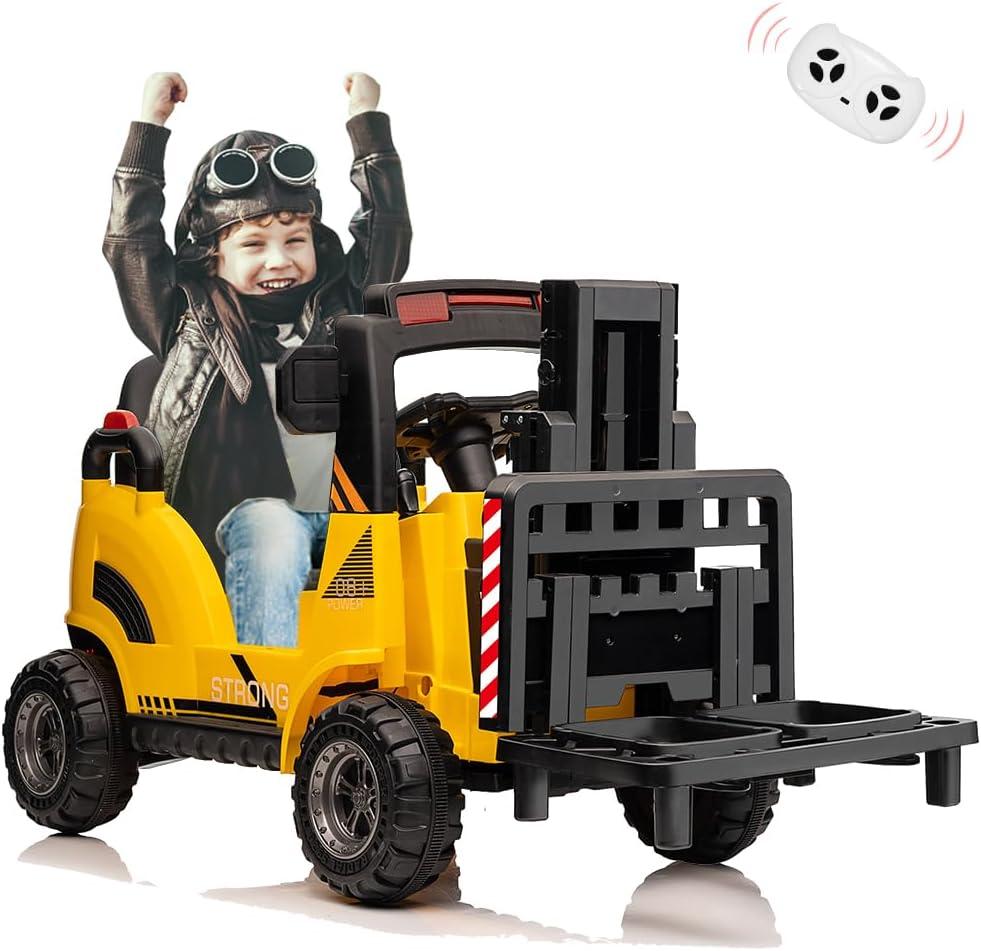 12V Electric Ride on Forklift Car with Remote Control, Ride on Car with Liftable Fork and Pallet, High/Low Variable Speed, Music, USB, MP3, and Low-Power Alarm for Boys and Girls(No Tent,Yellow)