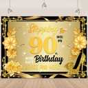 Gold 90th Birthday Decorations for Women Stepping Into My 90th Birthday Banner with God's Grace and Mercy Photography Background Black Gold Women Men Party Decorations Banner 5.9x3.6FT