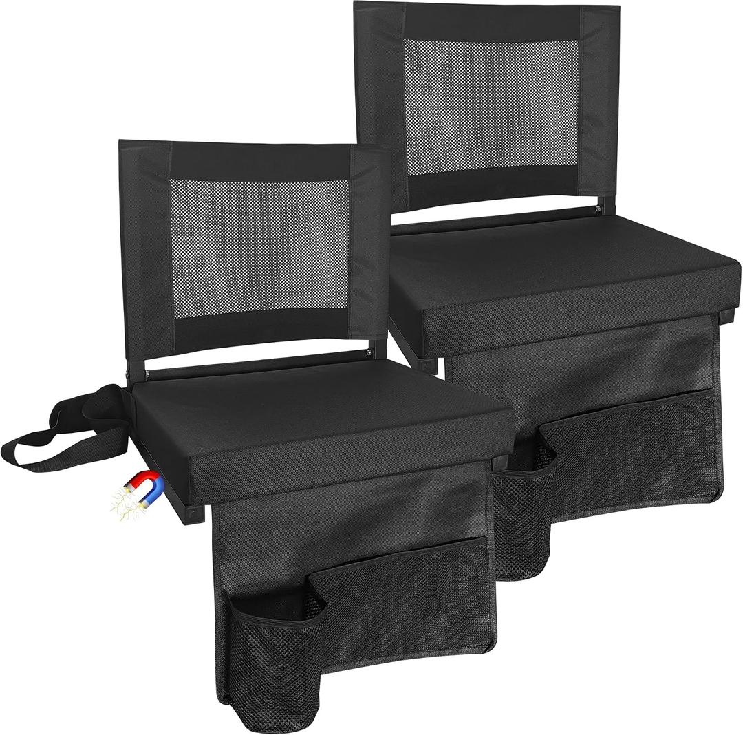 Stadium Seats for Bleachers with Back Support, Bleacher Chairs with Backs and Cushion Wide, Portable Folding Seats with Magnetic Bottom Strips, Includes Shoulder Strap - (2, Black)