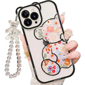 for iPhone 14 Pro Max Case with Cute Flowers Bear Pattern, Camera Protector, Clear Phone Case and Lovely Strap Bracelet Chain, Compatible for iPhone 14 Pro Max for Girls Women (Black)